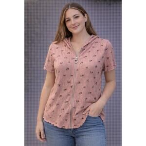 Xtraordinary Junior Girls Large Pink Floral Zip Hoodie Y2K Short Sleeve Top